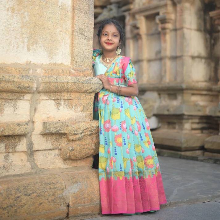 Ugadi Special Attach Dupatta kids Gown Silk Sky blue Boutique children clothing wholesale